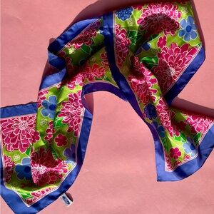 Floral Silk Scarf with Blue Border